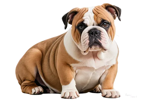 English Bulldog, pet, solo, cute face, wrinkled skin, short ears, black nose, short tail, white and brown fur, sitting, front leg bent, paws visible, soft focus, warm lighting, shallow depth of field,