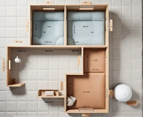 two open shelving units are on the wall and another shelf has items,dish storage,floorplans,storage cabinet,dumbwaiter,compartments,floorplan home,compartmented,kitchenette,homeobox,wooden mockup,schr