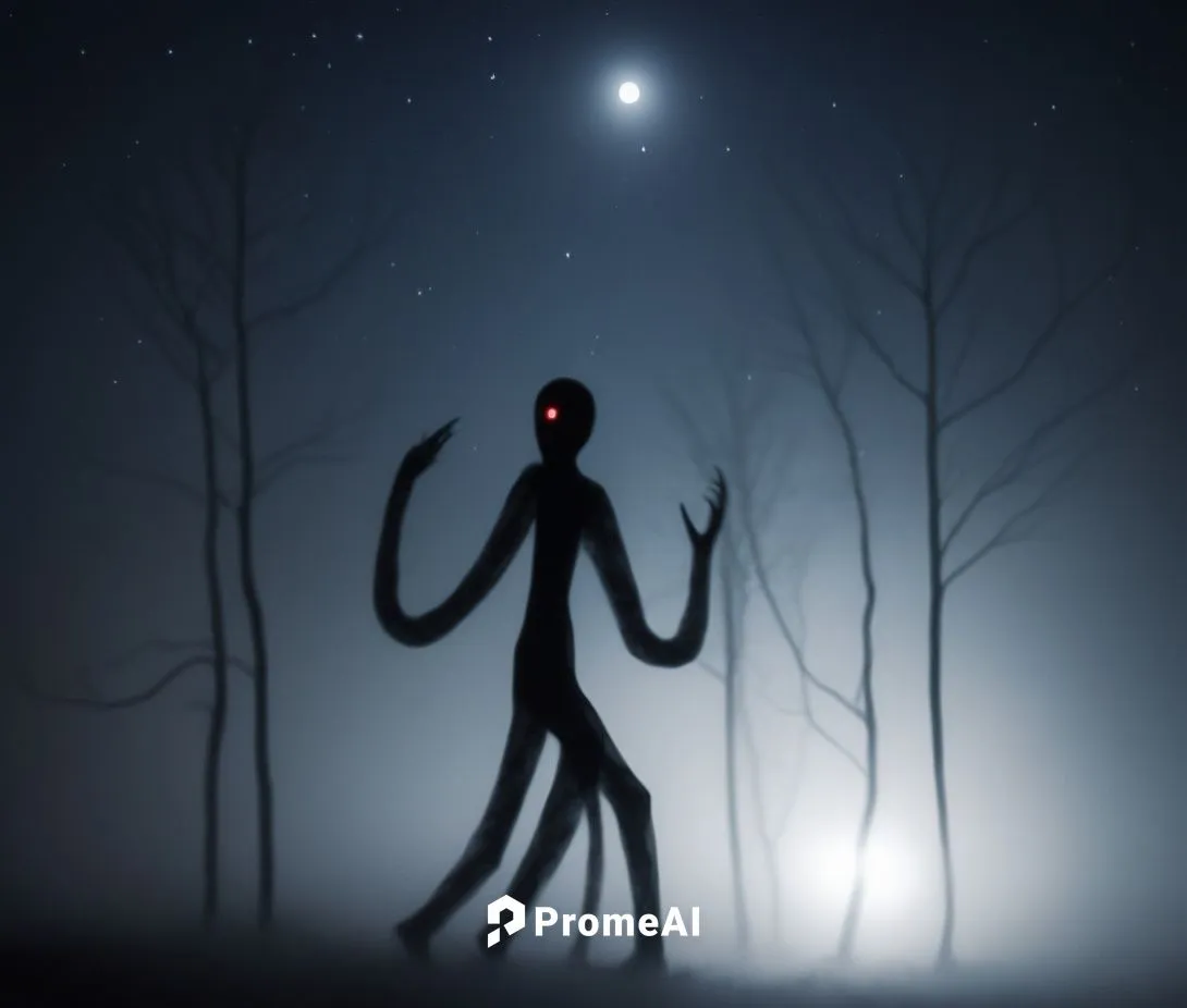 A black figure with four legs, large glowing white eyes, in a forest, two trees on either side, at night, moon and stars in the sky, eerie, fog, backlit,Ghost fog,skinwalker,slender,wendigo,nyarlathot