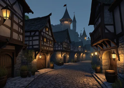 medieval street,medieval town,knight village,the cobbled streets,escher village,old town,medieval architecture,medieval,half-timbered houses,medieval market,spa town,townscape,the old town,village street,old linden alley,narrow street,jockgrim old town,old city,bacharach,cochem,Illustration,Japanese style,Japanese Style 08