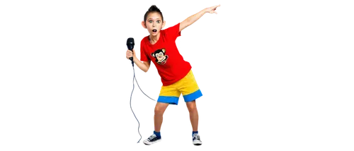 Monkey, cartoonish, solo, fur texture, bright eyes, playful facial expression, ears perked up, hands holding a microphone, red shirt with yellow buttons, blue shorts, standing on one leg, energetic po