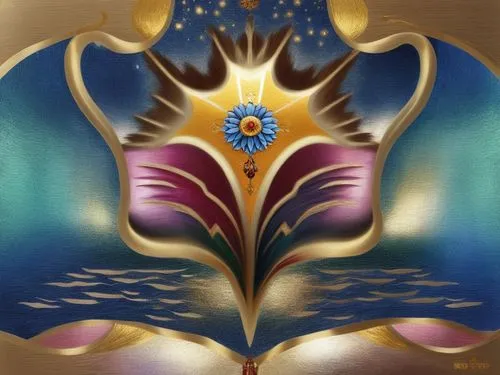 an open book with two flowers on it,cosmic flower,water lotus,glass painting,lotus blossom,crown chakra flower,ebtekar,Illustration,Realistic Fantasy,Realistic Fantasy 43