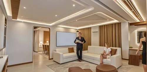 Minimalist style Living room scene with a modern family sitting on recliner sofas watching TV, man reading news paper, Walls decorated with wooden panel. Ceiling has LED chandeliers and beam which is 