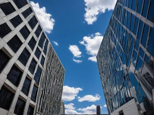 blue sky and clouds,skyways,blue sky clouds,blue sky and white clouds,office buildings,cloudstreet,skyscape,skydrive,buildings,skyscraping,tall buildings,polarizer,bluesky,broadgate,urban towers,blue sky,skyscapers,upbuilding,city buildings,skywards,Illustration,Black and White,Black and White 14