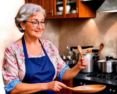 Grandma, elderly lady, solo, (65yo), wrinkles, silver hair, reading glasses, gentle smile, floral blouse, pearl necklace, apron, holding wooden spoon, warm kitchen lighting, soft focus, 3/4 compositio