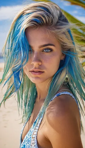 MUJER JOVEN CABELLO MOJADO SUELTO LARGO RUBIA DE COLOR DE OJOS AZULES EN LA PLAYA SOL Y AGUA DEL MAR TRANSPARENTE ARENA BLANCA Y PALMERAS
,blue hair,surfer hair,beach background,lycia,color turquoise,