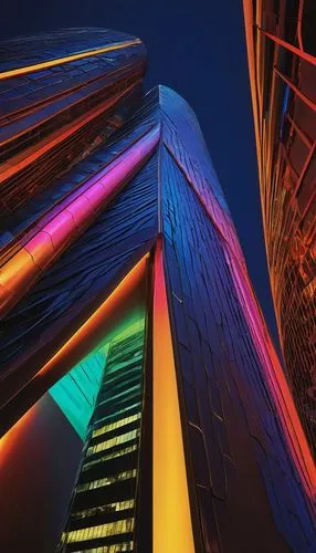 Radical architecture, futuristic building, curvaceous lines, metallic materials, neon lights, urban cityscape, night scene, towering skyscraper, complex structure, abstract design, bold geometric shap