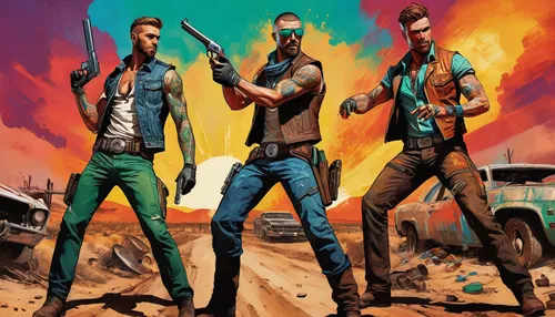 free fire,revolvers,game illustration,shooter game,game art,book cover,cd cover,action-adventure game,mad max,clay pigeons,bullets,blue-collar,wild west,gangstar,cover,renegade,heat guns,android game,guns,pistols,Conceptual Art,Oil color,Oil Color 25