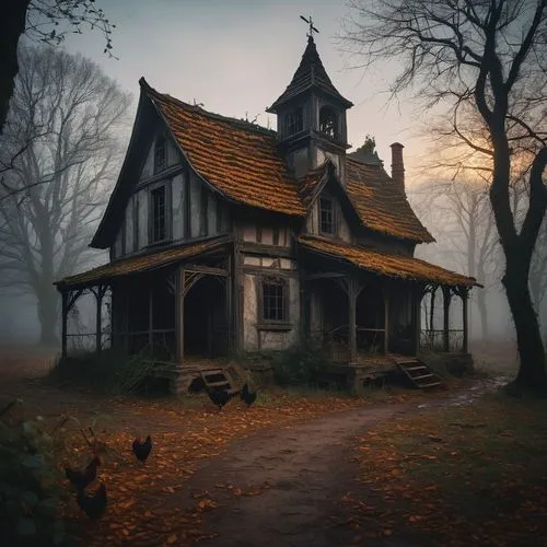 witch's house,witch house,house in the forest,the haunted house,lonely house,creepy house,haunted house,abandoned house,abandoned place,ancient house,wooden house,little house,lostplace,old home,abandoned places,autumn fog,abandoned,old house,halloween scene,wooden church,Art,Classical Oil Painting,Classical Oil Painting 12