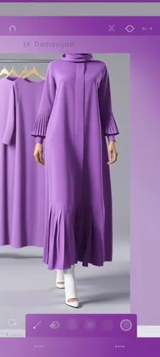 3d fashion drawing of women dress fashion Muslim hijab with the pelisee and pleats on the end of dress with  purple colour by 4k,a purple dress with a woman standing next to it,purple background,fashi