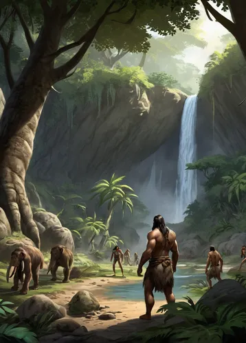 prehistoric setting, human evolution, ancestors, hominids, lush jungle, survival, tool-making, clan, exploration, foraging, hunting, gathering, climbing trees, stone tools, animal skins, fur, natural 