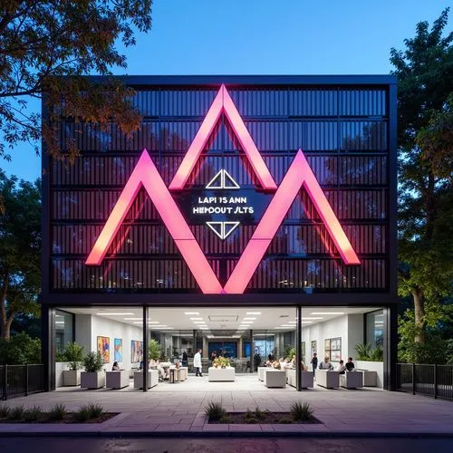 Vibrant laboratory building, futuristic facade design, neon-lit signage, metallic mesh panels, angular geometric shapes, cantilevered structures, LED light installations, experimental architecture, mo