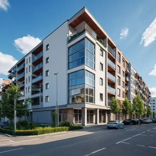 A large apartment in a modern five-story building with a small parking lot in front.,a building on a street in front of cars parked,plattenbau,inmobiliaria,immobilien,appartment building,floridsdorf,h