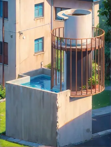 a circular structure in the middle of a courtyard,dug-out pool,mikvah,block balcony,water stairs,balustrades,balconied,Anime,Anime,General