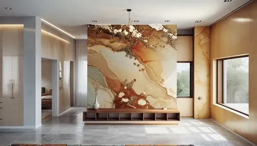 a room with a large painting on the wall,wall plaster,wallcoverings,travertine,interior modern design,marble painting,wallcovering,Photography,General,Natural