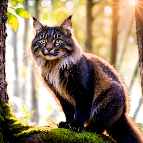 Wild animal, furry texture, majestic posture, sharp claws, whiskers, shiny eyes, bushy tail, green forest background, natural habitat, warm sunlight filtering through trees, 3/4 composition, shallow d