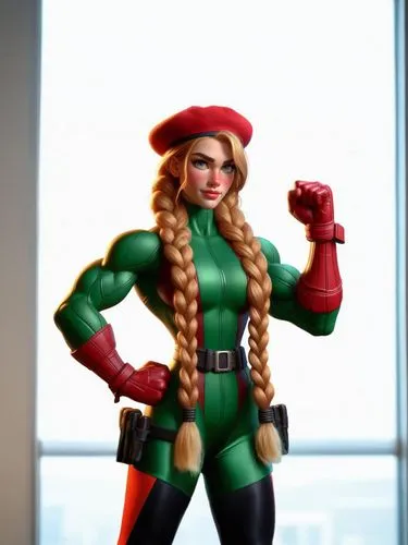 Loira com duas tranças longas, braços e pernas fortes, olhos grandes amendoados, veste uma boina vermelha, Catsuit de elastano verde, luvas de combate vermelhas, botas combate pretas, cinto de perna p