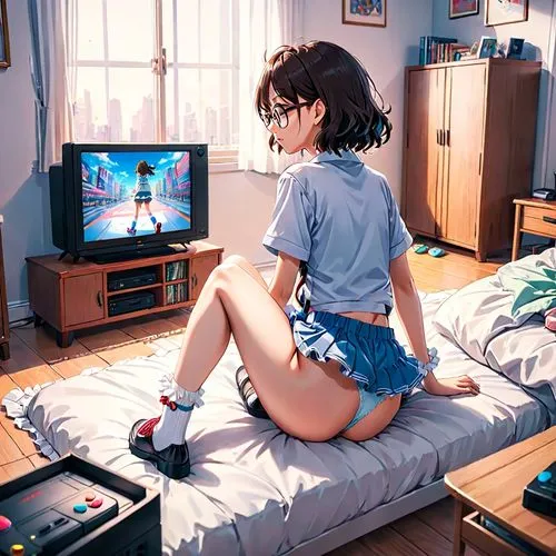 ritsuko,tv,playstation,tv set,neogeo,psone,snes,consoles,hikikomori,onitsuka,retro girl,girl at the computer,gamecube,yumei,crt,television,neo geo,watch tv,jean shorts,game room,Anime,Anime,Realistic