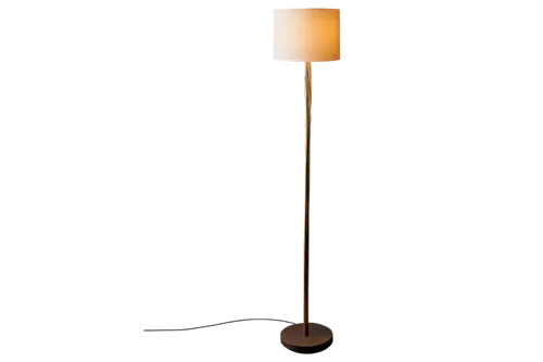 Modern floor lamp, slim metal body, soft white shade, warm glowing light, elegant living room, solo object, high-angle shot, shallow depth of field, realistic texture, metallic reflection, ambient lig