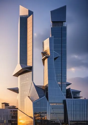 COMMERCIAL BUILDING TOWER, GLASS FACADE, FRONT OF TOWER WATER BODY, CITY CENTER ,three futuristic buildings that are next to each other,morphosis,libeskind,azrieli,escala,koolhaas,songdo,Photography,G