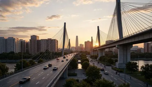 Sleek vehicular bridges, modernist architecture, steel beams, cable-stayed structures, suspension systems, minimalist design, urban landscapes, city skylines, busy highways, rush hour traffic, dynamic