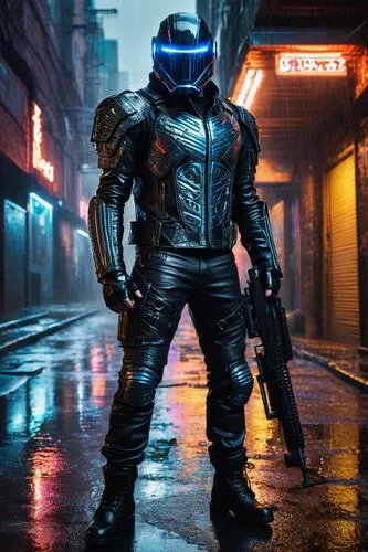 Paranoid android, futuristic lab, shiny metallic body, glowing blue eyes, intricate circuitry patterns, black leather jacket, ripped jeans, heavy combat boots, holding a large rifle, standing in a dar