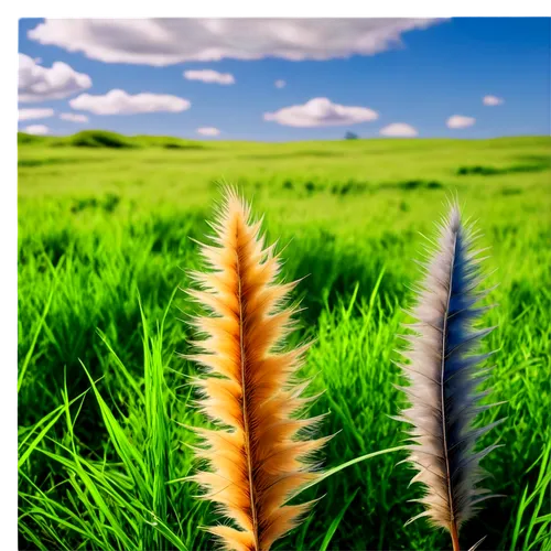 Wild savannah, green grassland, blue sky with white clouds, sunny day, warm light, shallow depth of field, cinematic composition, natural texture, fur, feathers, scales, realistic, vibrant colors.,fea