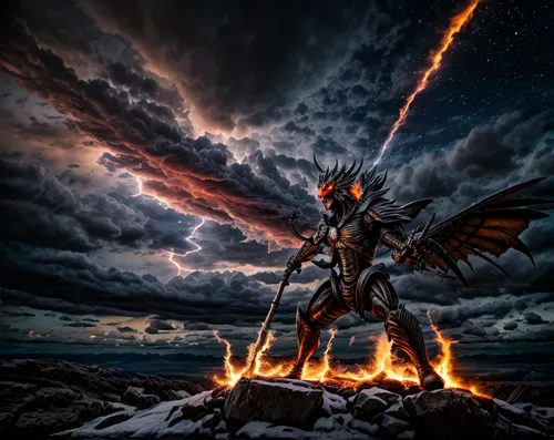 more flames and lighting bolt in the sky of differnt colours,fire angel,pillar of fire,dragon fire,angel of death,archangel,fantasy picture,angelology,fire kite,angels of the apocalypse,walpurgis nigh