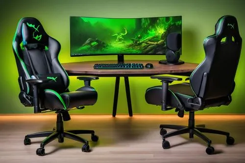 Gamer, male, young adult, sitting, professional gaming chair, ergonomic design, black leather, metal frame, RGB lights, gaming desk, wooden surface, dual monitors, 24 inches, curved screens, high refr