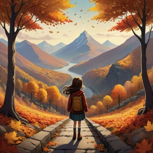 autumn background,autumn mountains,autumn walk,autumn theme,autumn camper,fall landscape,Illustration,Retro,Retro 22