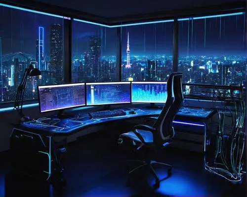 computer room,computer workstation,the server room,computer desk,modern office,cyberpunk,cyberspace,cyber,night administrator,control desk,control center,cyber crime,fractal design,working space,secretary desk,desktop computer,sci fi surgery room,workstation,offices,pc tower,Illustration,Japanese style,Japanese Style 04