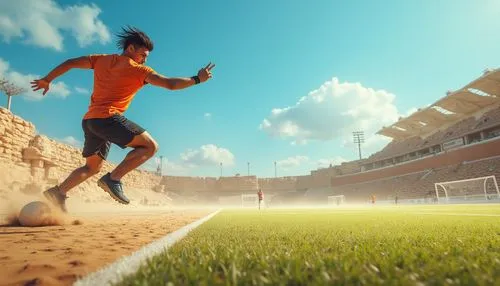 Sports field, sandy terrain, sandstone walls, natural stone textures, rustic atmosphere, sunny day, clear blue sky, lush green grass, athletic track, soccer goalposts, football field markings, scorebo