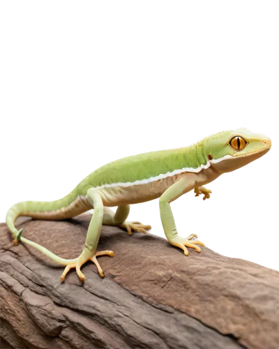 Small gecko, green skin, yellow eyes, tiny nostrils, curved tail, climbing pose, right hand gripping, left foot pushing, brown rock surface, soft focus background, shallow depth of field, natural ligh