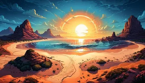 beautiful you,the sun sets over a beach as waves crash onto the shore,sunburst background,mountain sunrise,fantasy landscape,sun,landscape background,sunquest,Illustration,Realistic Fantasy,Realistic 