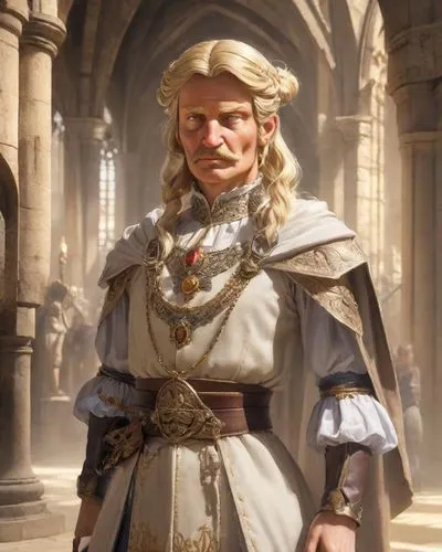 Lifelike portrait in an expressive form and open eyes of a member of a distinguished ruling family of the late Middle Ages in the old Holy Roman-German Empire.,a man in a white medieval costume stands