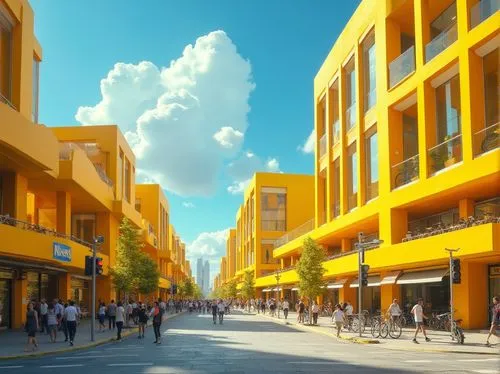 pedestrianized,moc chau hill,shopping street,villahermosa,microdistrict,render,oranjestad,streetscape,3d rendering,tuxtla,gamarra,yellow wall,yellow orange,iztapalapa,cubao,zapopan,coyoacan,cloudstreet,pedestrian zone,tenochtitlan,Photography,General,Realistic