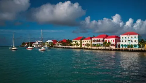 Colorful colonial architecture, Belize City, vibrant wooden houses, bright shutters, ornate balconies, intricate carvings, tropical plants surrounding, palm trees swaying gently, red-tiled roofs, whit