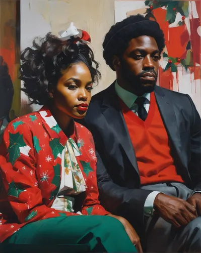 up close black woman sitting next to a black man, in christmas color clothes, in a room brightly lit,oil on canvas,black couple,oil painting on canvas,young couple,afroamerican,oil painting,modern chr