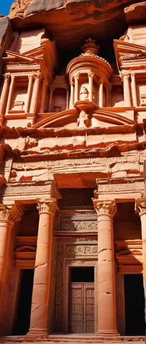 Ancient Petra, Jordan, historic landmark, monumental structure, intricately carved sandstone facade, majestic arches, towering columns, vibrant red-orange color, Middle Eastern architecture, rustic st