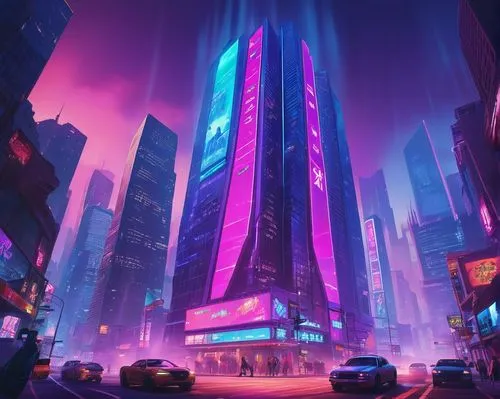 cybercity,cybertown,cyberpunk,colorful city,metropolis,fantasy city,time square,cyberworld,futuristic landscape,futuristic,neons,cyberport,futurist,coruscant,cyberia,skyscraper,megacorporation,dystopian,the skyscraper,neuromancer,Illustration,Vector,Vector 19