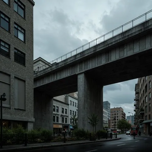 Rugged brutalist bridge, exposed concrete texture, rough-hewn stone walls, weathered steel beams, industrial-style railings, urban cityscape, gloomy overcast sky, dramatic shadows, low-key lighting, c