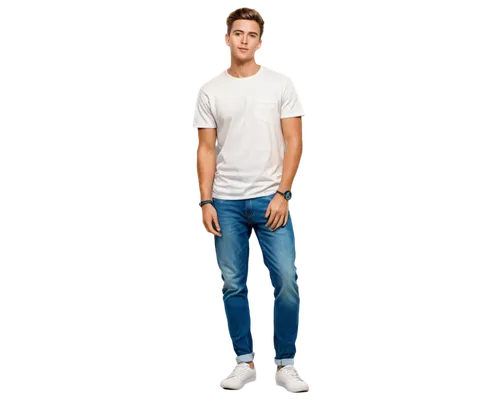 Casual young man, white t-shirt, short sleeves, crew neck, plain design, relaxed fit, standing pose, hands in pockets, jeans pants, sneakers shoes, natural facial expression, soft focus, warm lighting