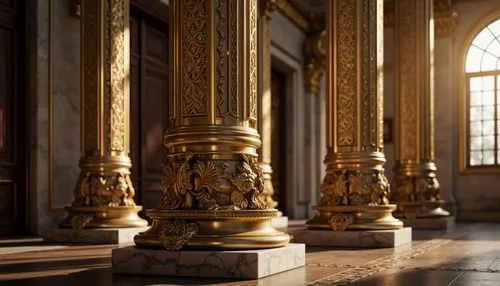 pillar capitals,columns,candelabras,pillars,pulpits,tabernacles,golden candlestick,pedestals,candlesticks,ciborium,corinthian order,gold chalice,ornate,baroque,3d render,gold lacquer,golden crown,gilded,candelabra,columned