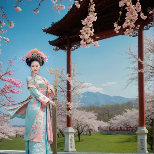 An Chinese woman in traditional dress. She wears an ornately decorated headdress with pink and white flowers. Her costume is light blue and pink with fine embroidery patterns. In the background is a f