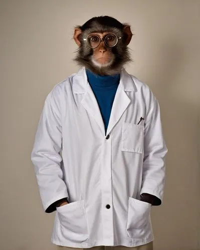 Adult monkey, white lab coat, standing, hands in pockets, curious expression, round glasses, messy brown hair, casual sneakers, simple background with subtle textures, warm softbox lighting, shallow d