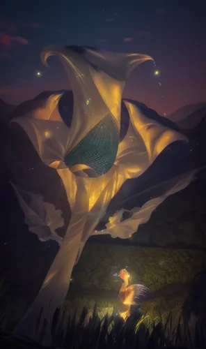 a smoky night, add some sparkle animation,  a beautiful waterfall, mountain, add proper lighting and color,lava dome,mushroom landscape,nuphar,mountain sunrise,giant water lily bud,night-blooming cact