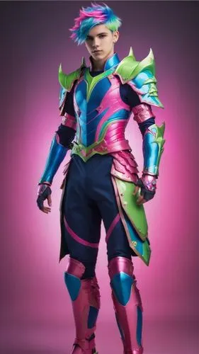 add lower male body with pink, blue and  light green armor,a person dressed in a colorful outfit,koichi,formichetti,giorno,mista,yusaku,muda