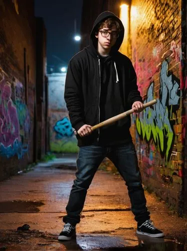 Sam Hyde, solo, (20yo), messy brown hair, black hoodie, ripped jeans, sneakers, confident posture, holding a baseball bat, self-defense stance, urban alleyway, graffiti-covered walls, dim streetlights