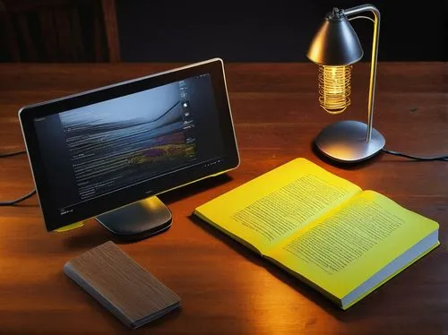 Modern digital design book, computer architecture ARM edition 2015, lying open on a wooden desk, worn leather cover, yellow highlighter marks, dog-eared pages, metal lamp casting soft warm light, mini