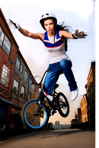 Wallpaper, BMX bike, vibrant colors, graffiti design, urban style, ripped jeans, white sneakers, helmet, gloves, dynamic pose, mid-air stunt, city street, sunset lighting, low-angle shot, dramatic com